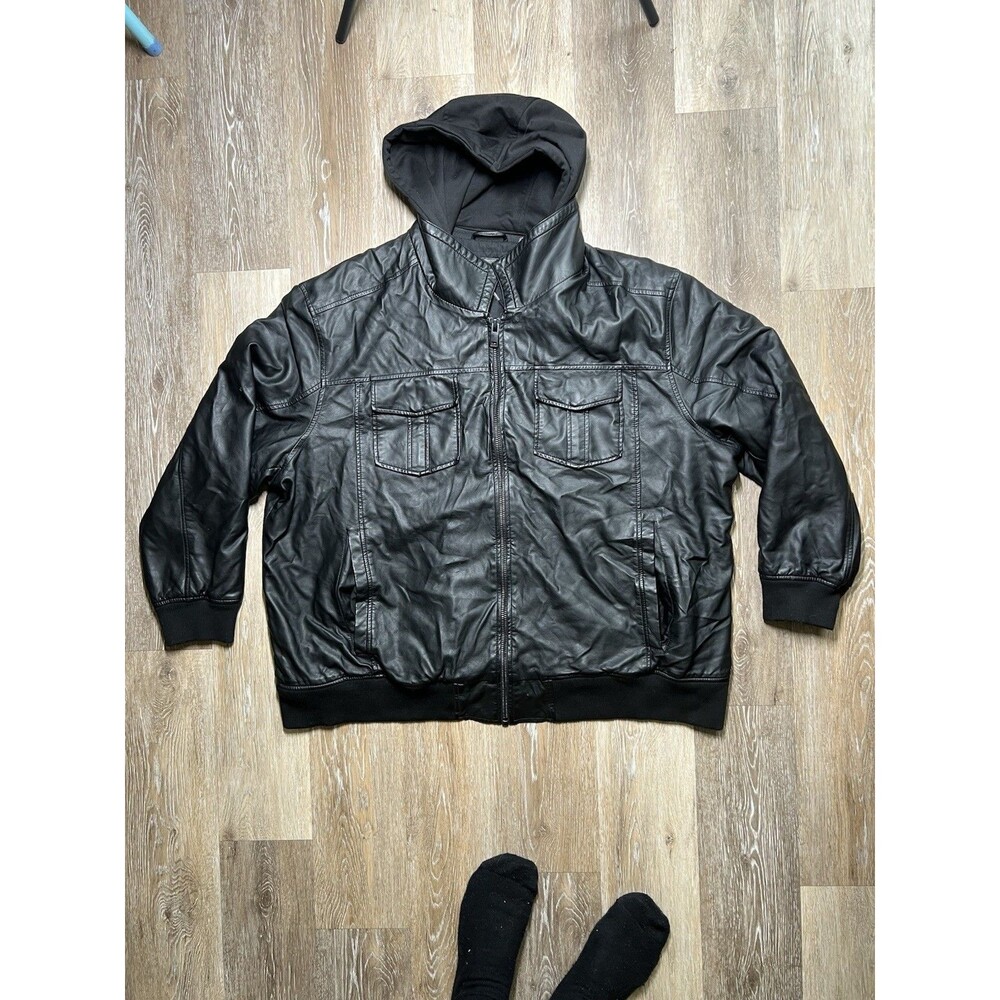 Black Rivet Hooded Genuine Leather Jacket Sz 3XL Casual Grunge Goth Biker
